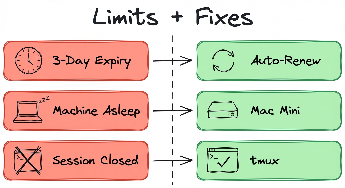 Limitations and fixes: 3-day expiry solved by auto-renew, machine asleep solved by Mac Mini, session closed solved by tmux