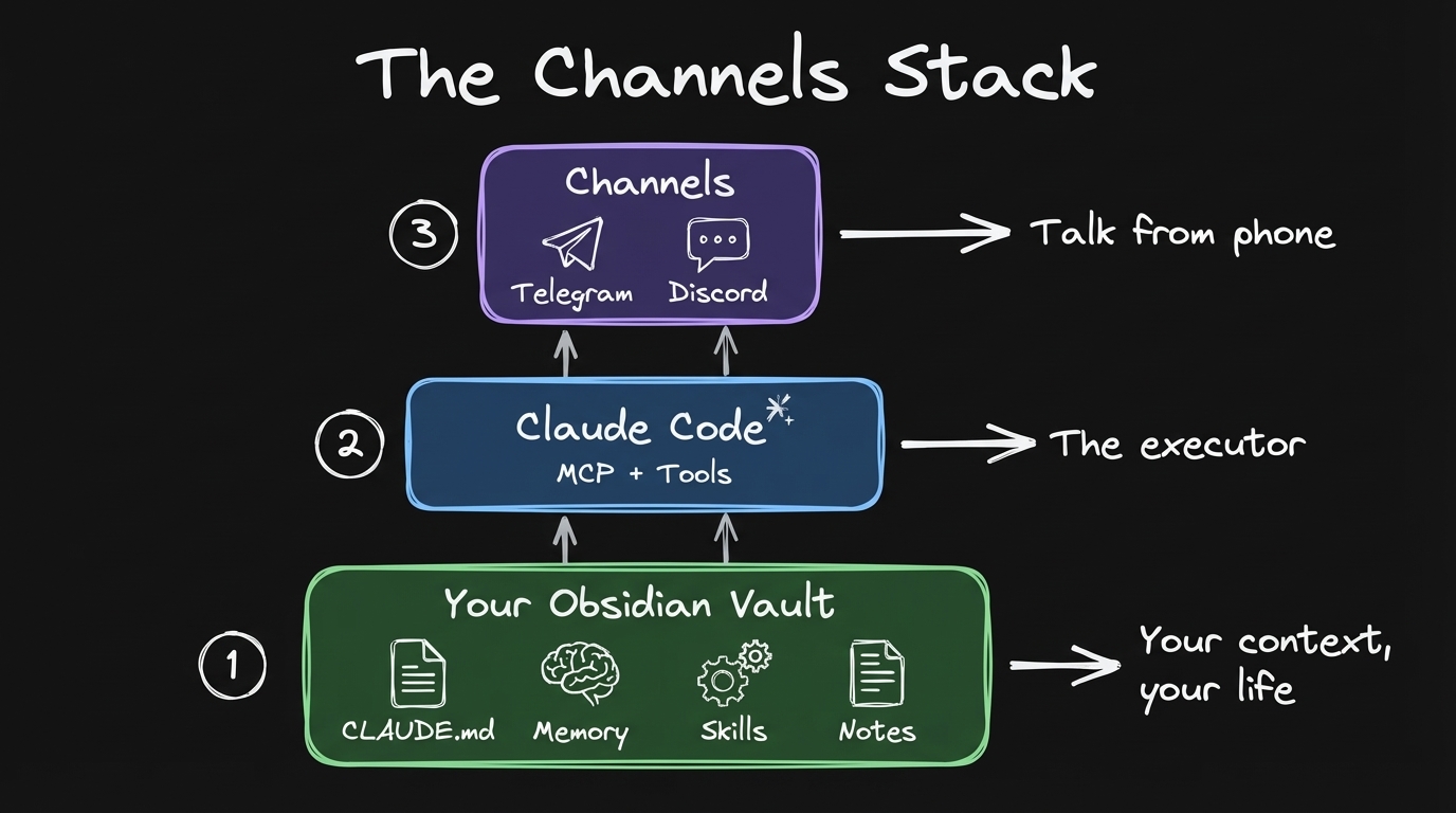 The channels stack: Layer 1 Obsidian vault, Layer 2 Claude Code, Layer 3 Channels