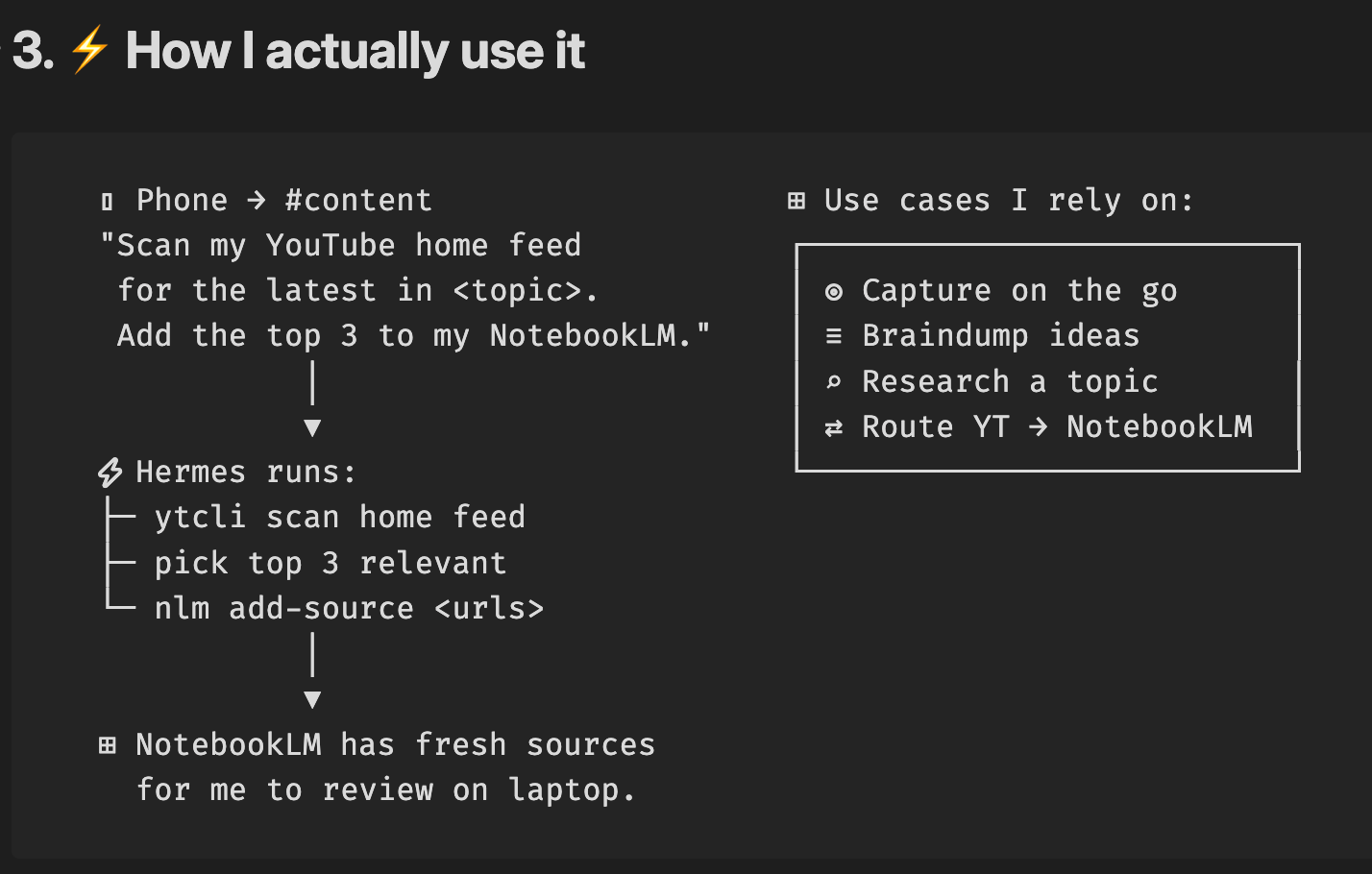 One prompt from my phone runs the chain. Hermes scans the home feed via my ytcli skill, picks the top three, adds them to NotebookLM. Fresh sources waiting on the laptop when I sit down.