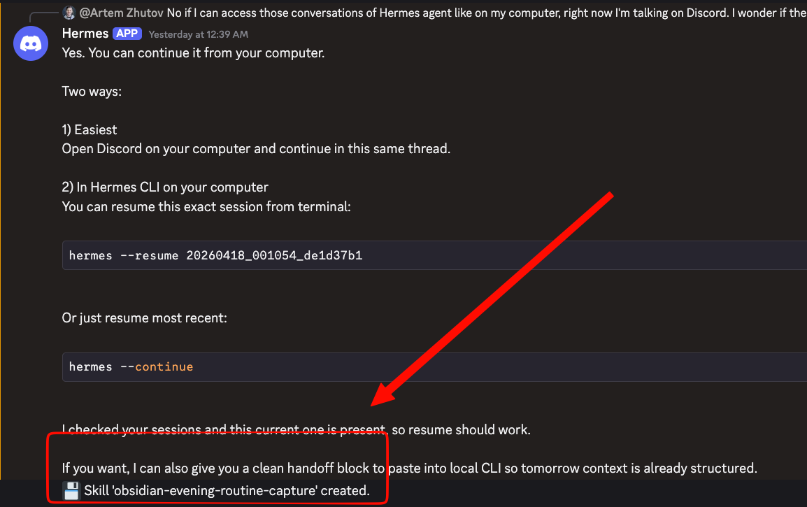 Hermes minted obsidian-evening-routine-capture at the end of a regular Discord chat. I never asked for it. It read what I did and saved the workflow as a skill.