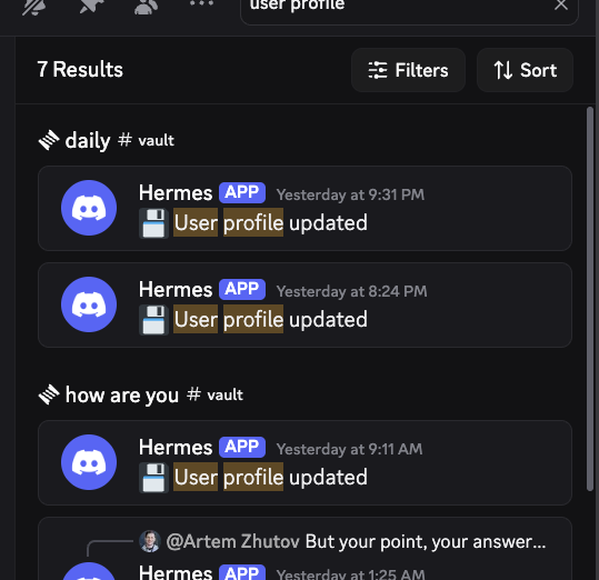 Seven entries Hermes wrote into my USER.md across three Discord channels. I never said any of them out loud.