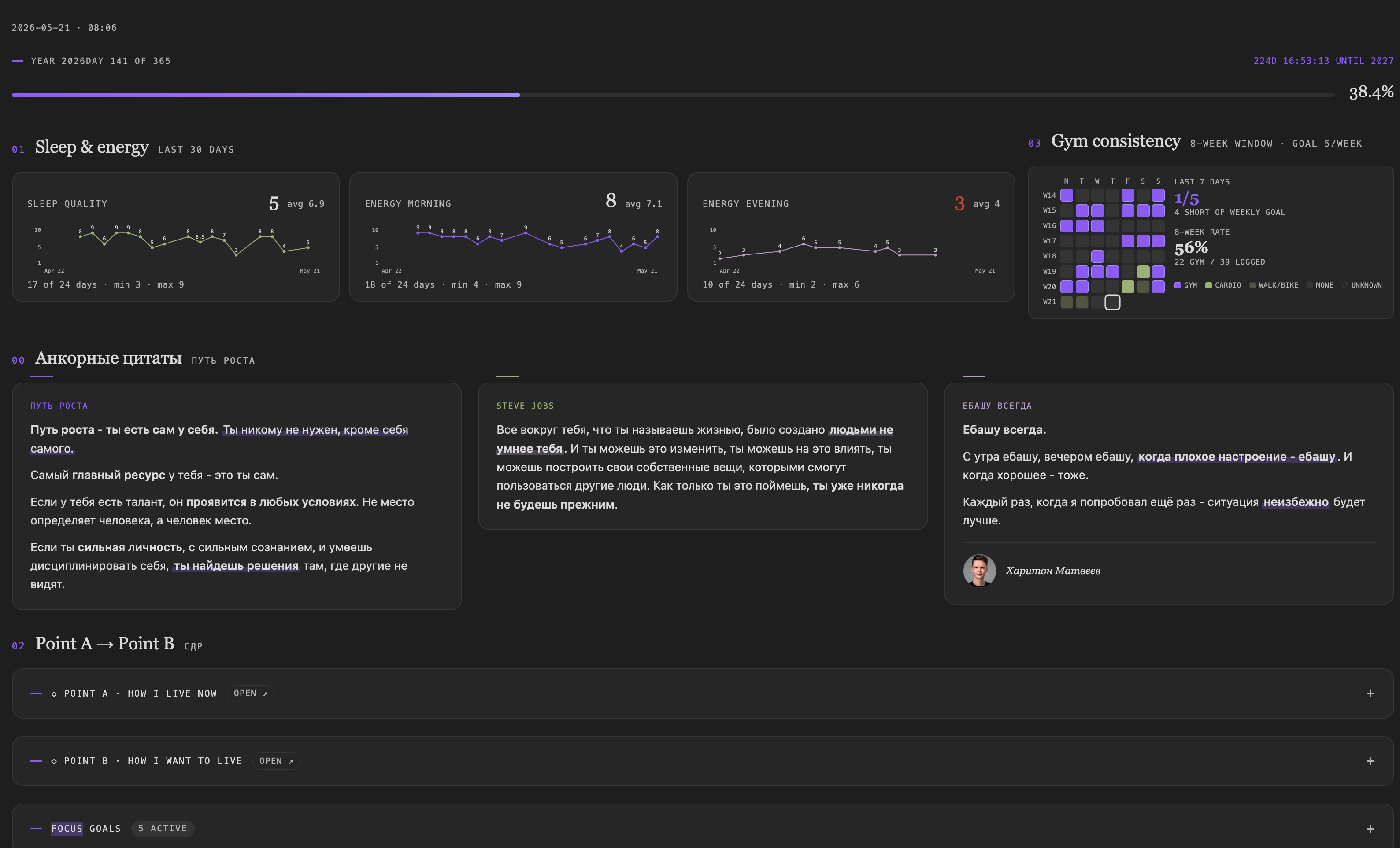 My Alignment Dashboard. Year progress, focus goals, sleep & energy, gym consistency, anchor quotes, Point A → Point B. All data pulled from my daily notes.