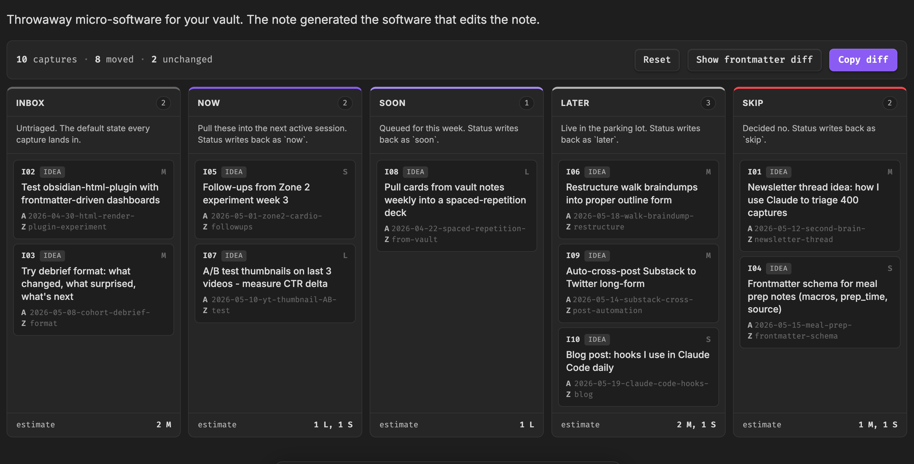 Throwaway micro-software for your vault. The note generated the software that edits the note. Inbox / Now / Soon / Later / Skip columns. Hit Copy diff and Claude applies the moves back to the markdown.