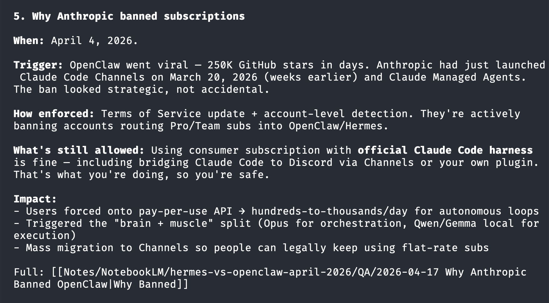 The notebook answering my question across 21 video sources.