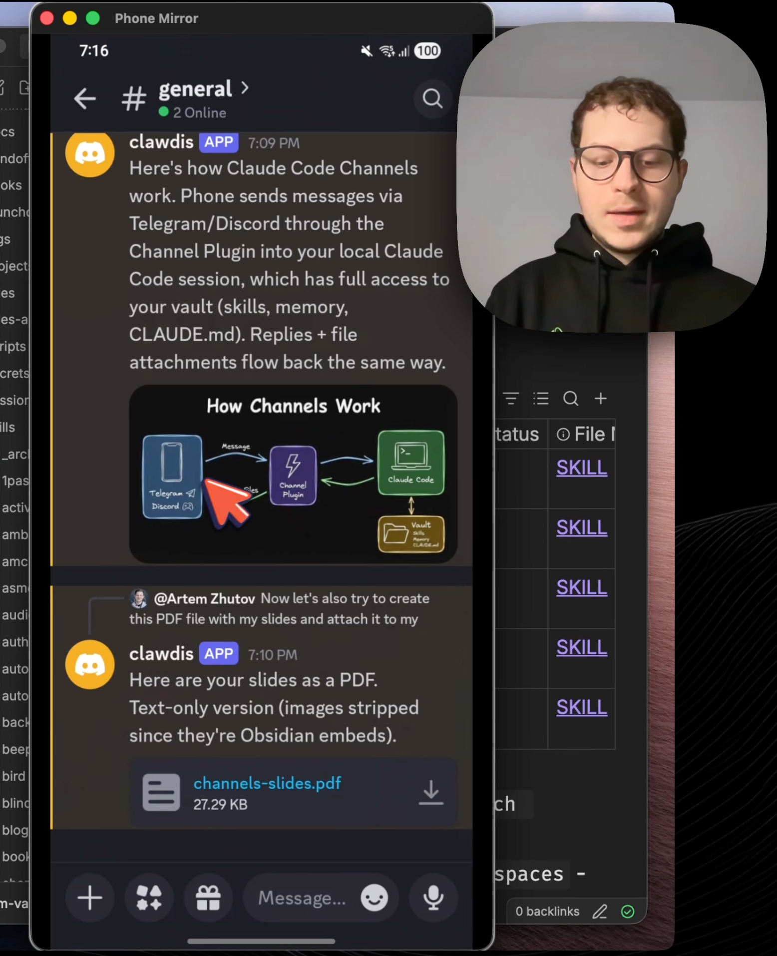 Discord on phone showing agent generating diagram and attaching PDF