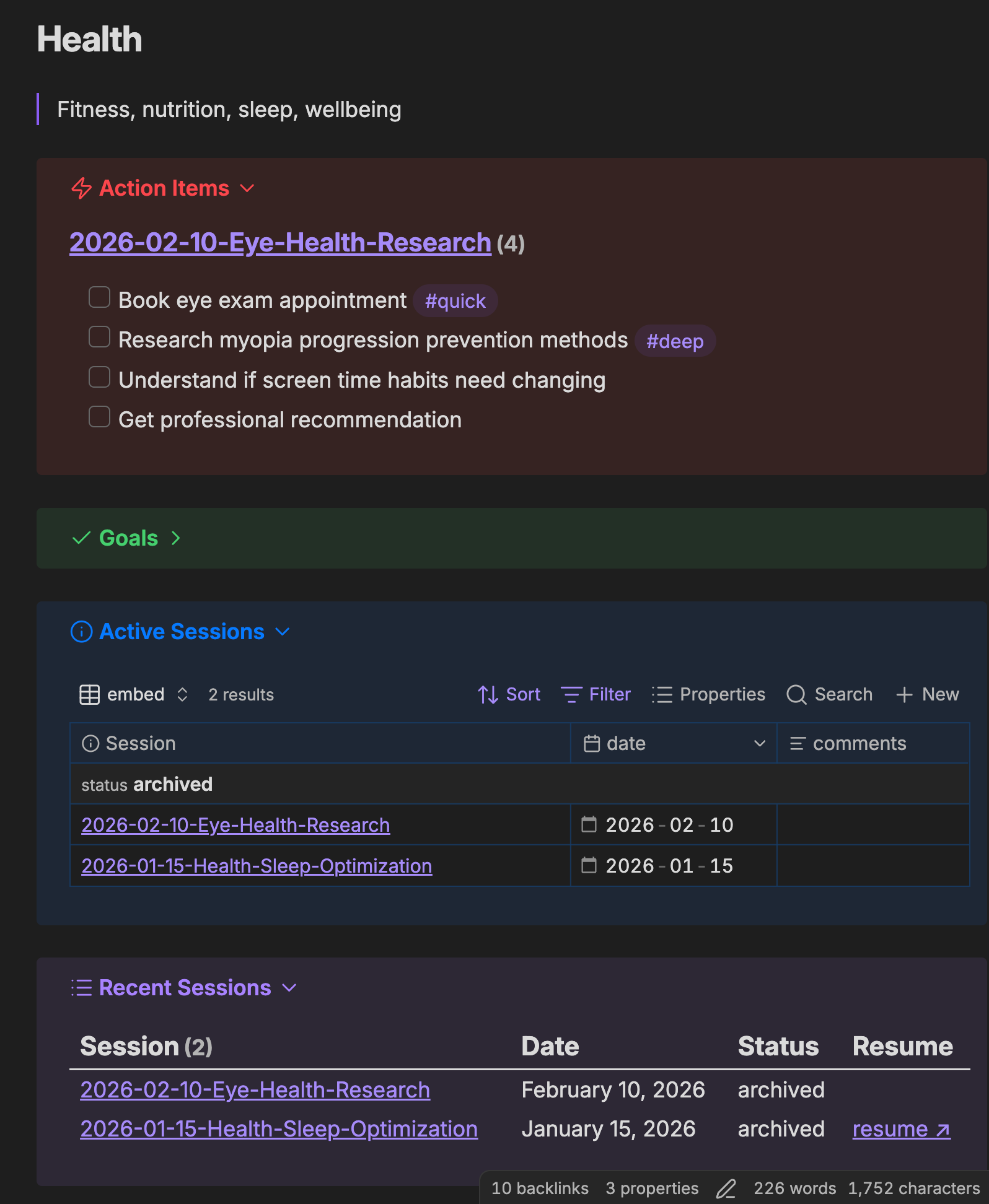 My health dashboard in Obsidian. Goals, active sessions, action items, progress. All in one view.