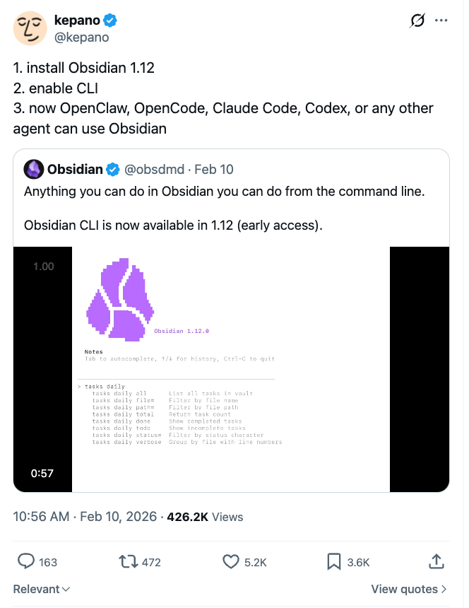 Kepano's announcement - install, enable, let agents in