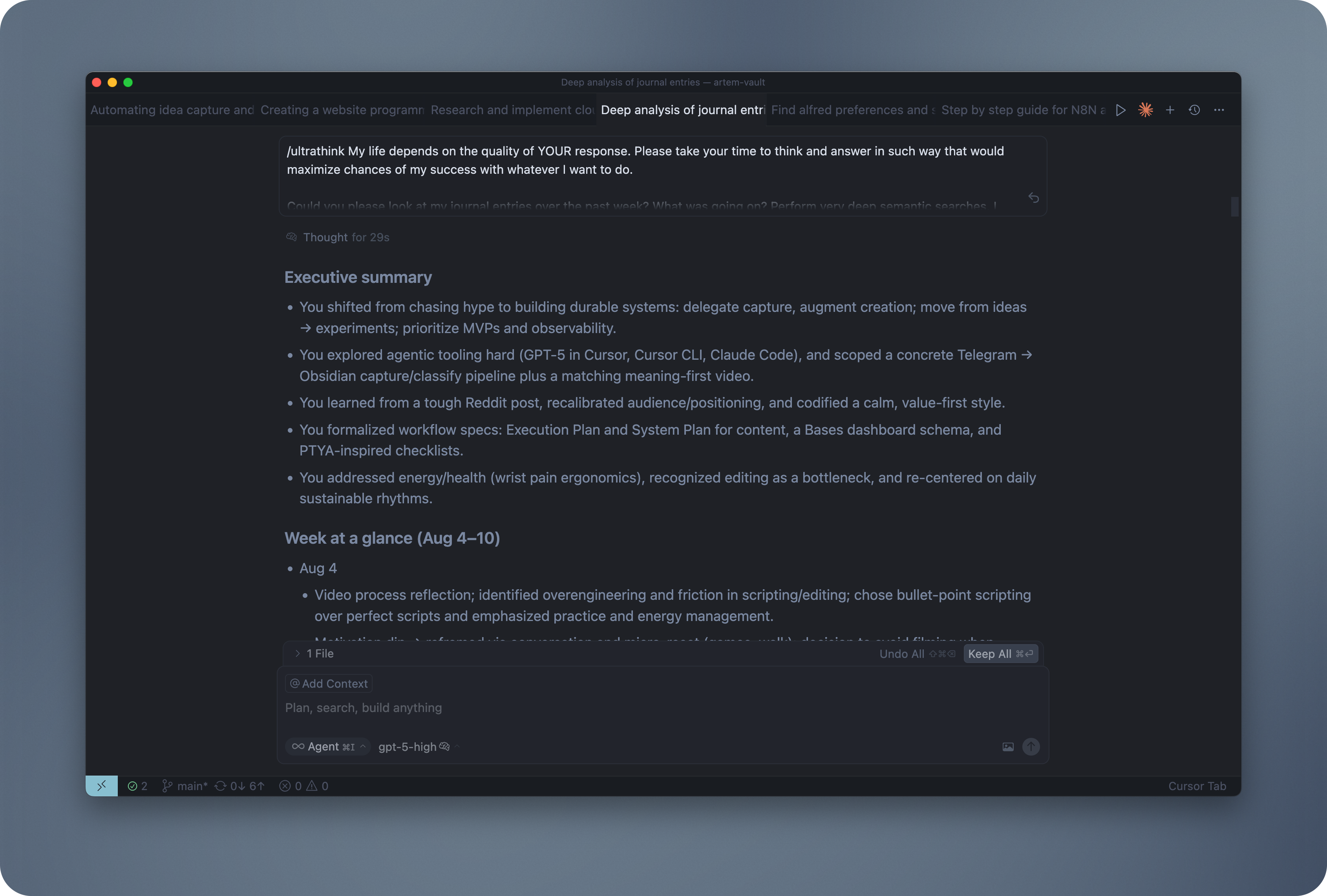Weekly review in Cursor with GPT-5