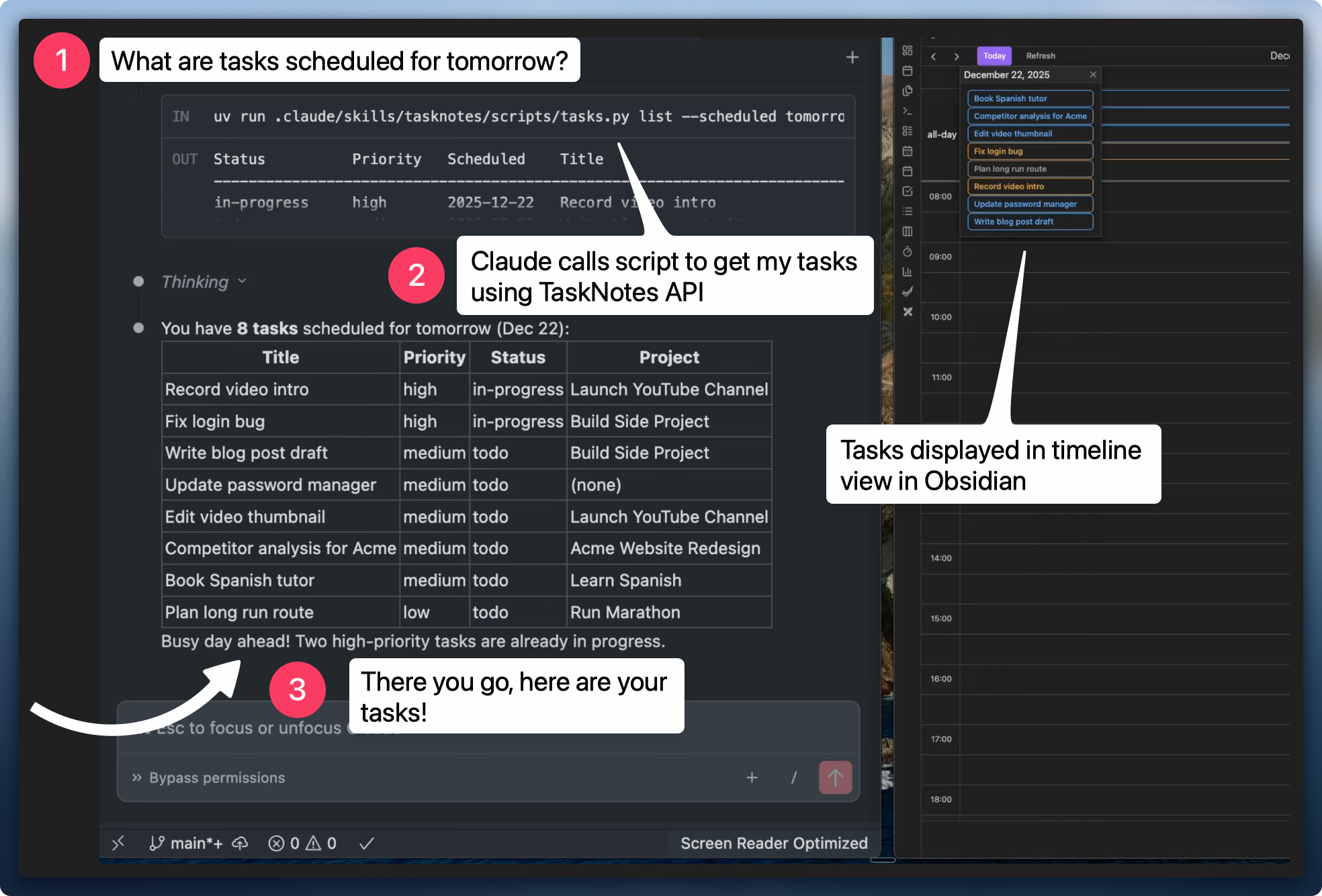 TaskNotes calendar view showing scheduled tasks