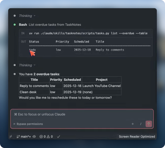 Claude terminal showing overdue tasks query