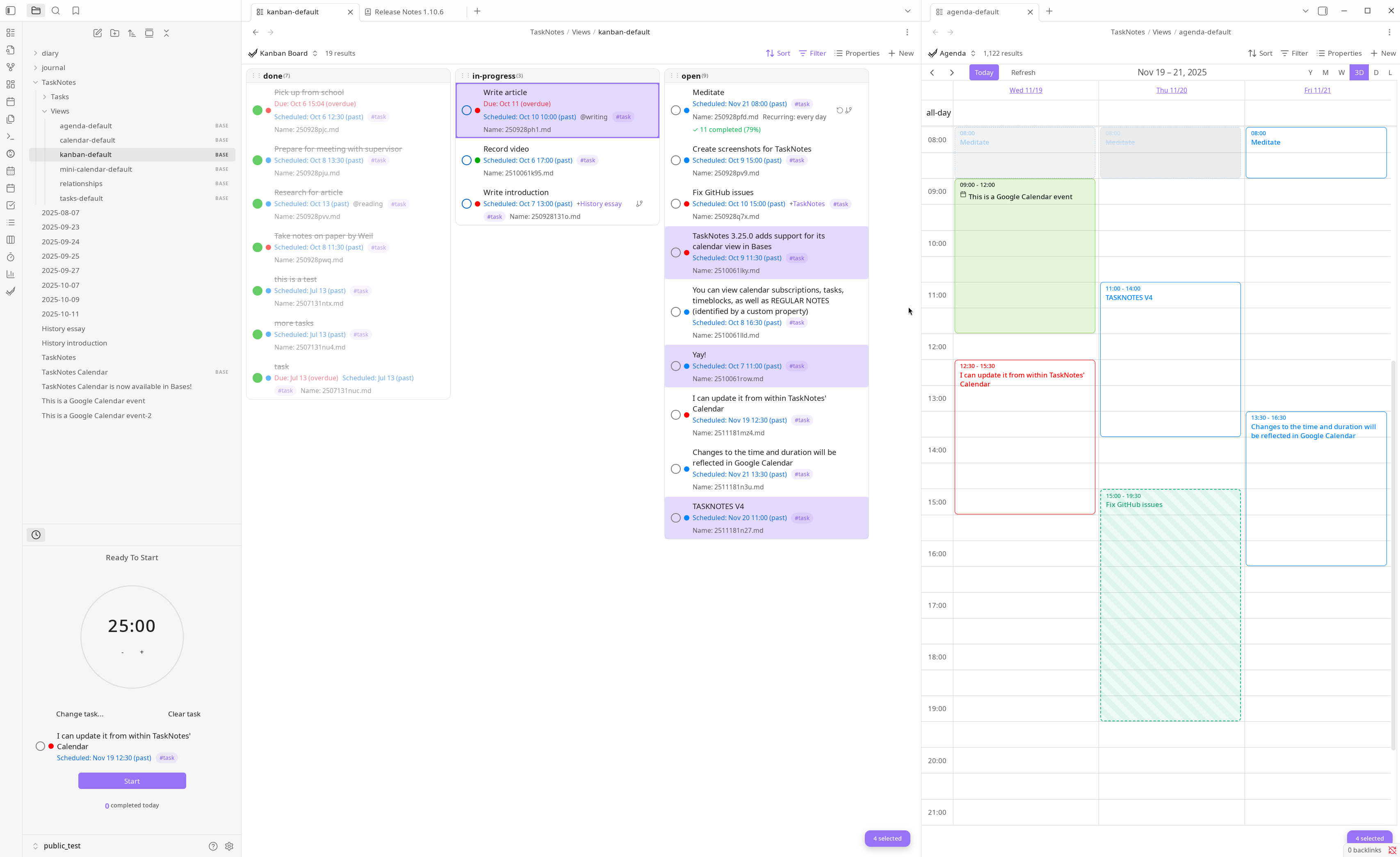 TaskNotes plugin showing Kanban and calendar views