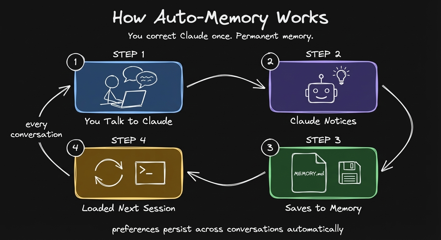 You correct Claude once. It writes a memory file. Next session, that preference is automatically loaded.