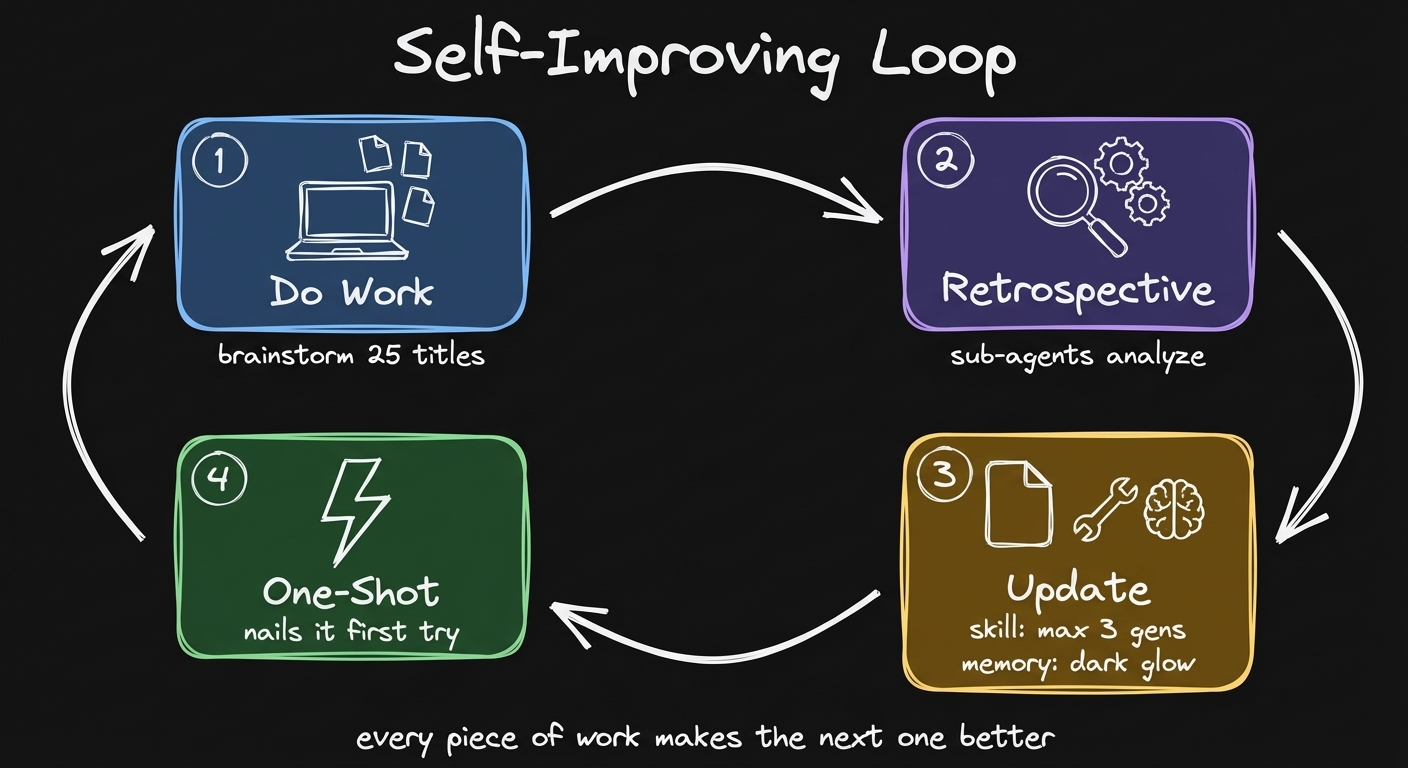 The full loop: work produces signal, retrospective captures it, skills and memories improve, next session is better.