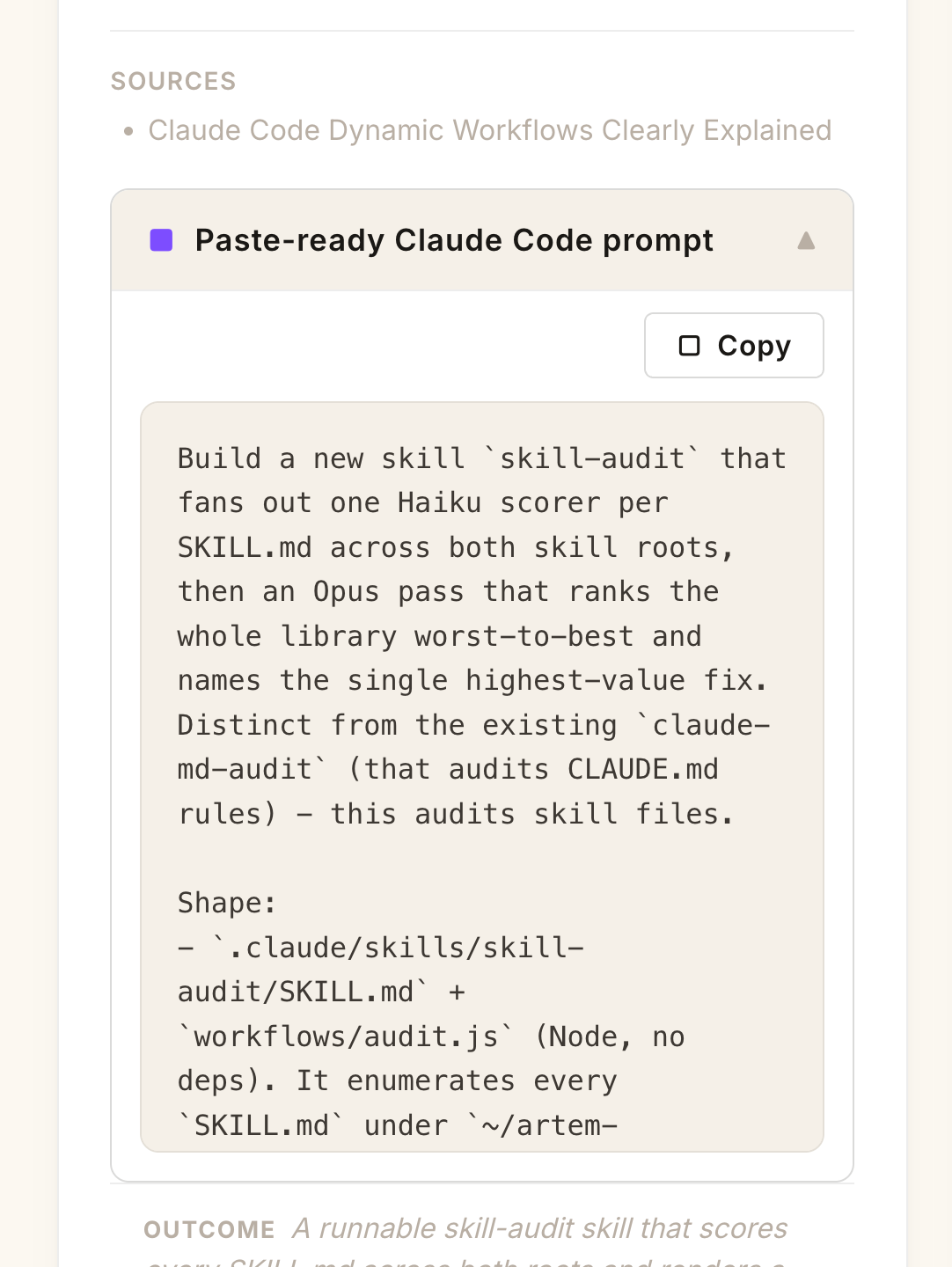Every idea ships with a paste-ready Claude Code prompt
