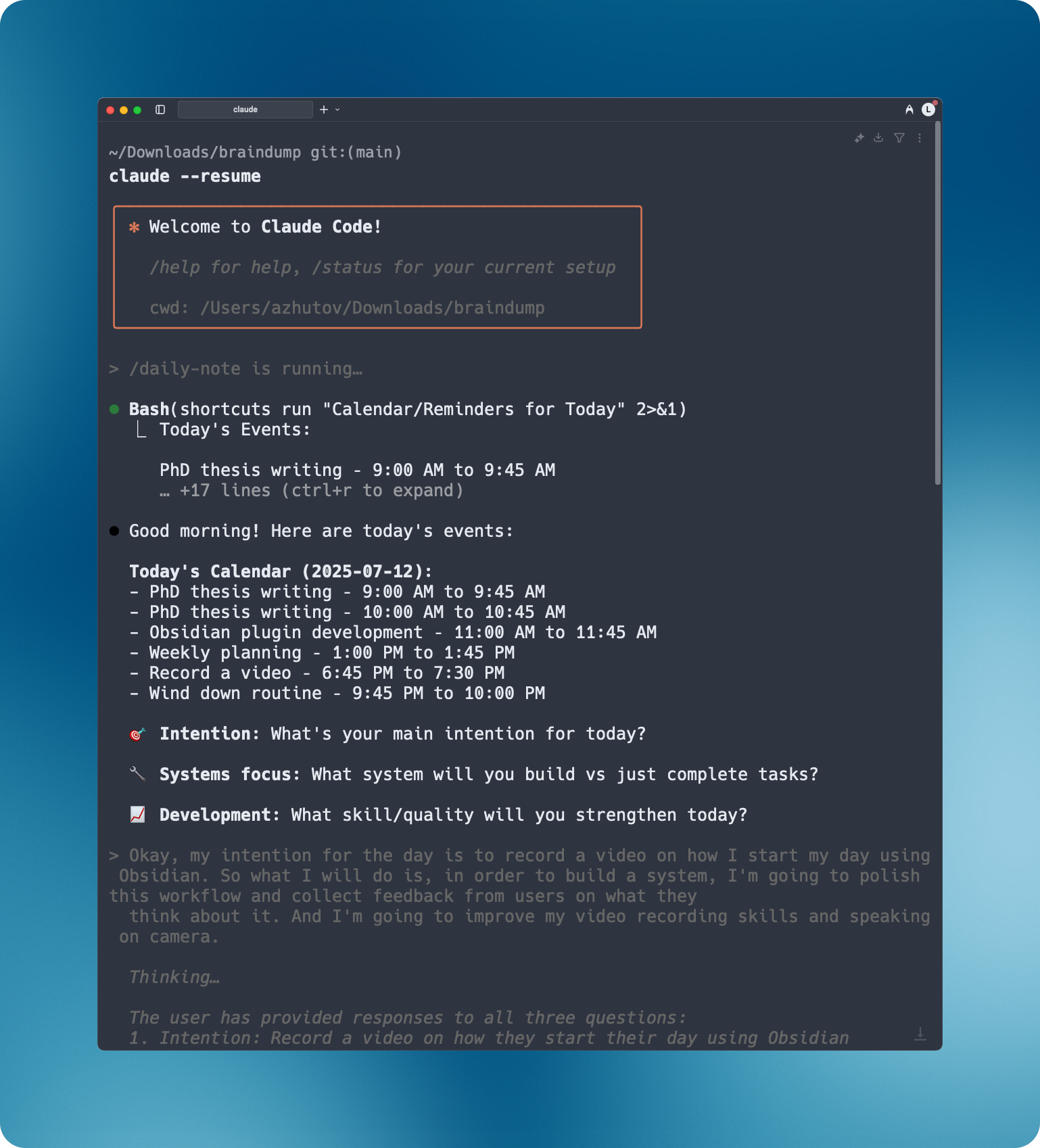 A clean screenshot of the terminal showing the agent's welcome message, calendar summary, and prompts.