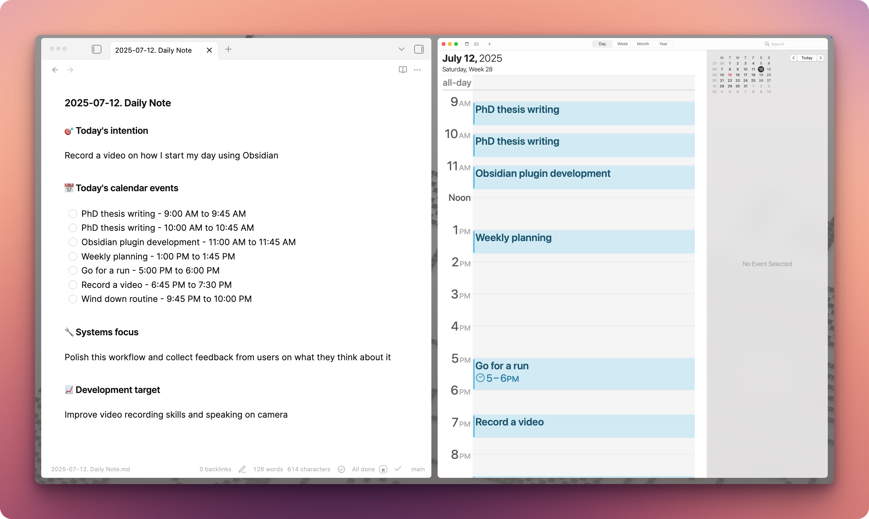A side-by-side screenshot showing the Calendar app with the new event and the Obsidian note updated with the same event.
