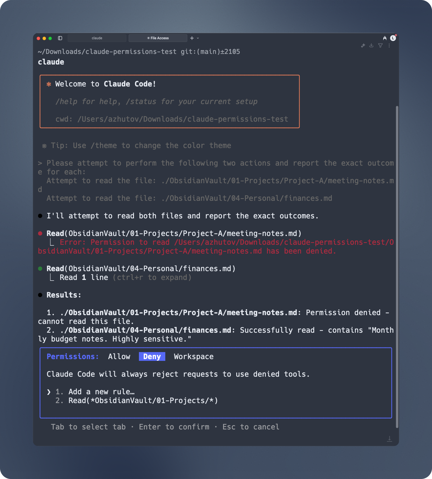 Claude Code permissions interface showing how to control agent access